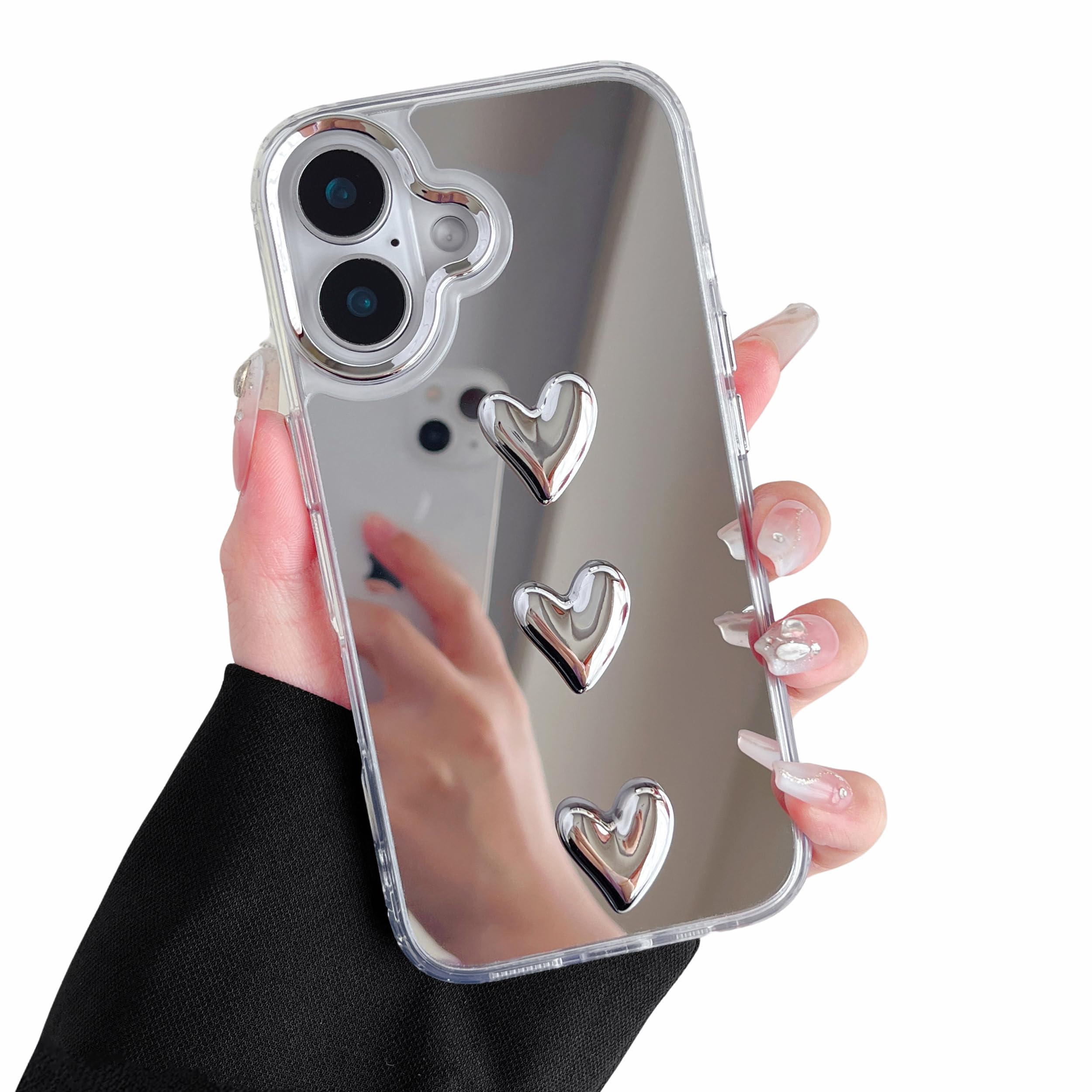 ZTOFERA Case for iPhone 16, Cute Silver 3D Love Heart Clear Makeup Mirror Case, Flexible Shockproof Anti-Scratch Protective Cover for iPhone 16 6.1"- 3 Hearts