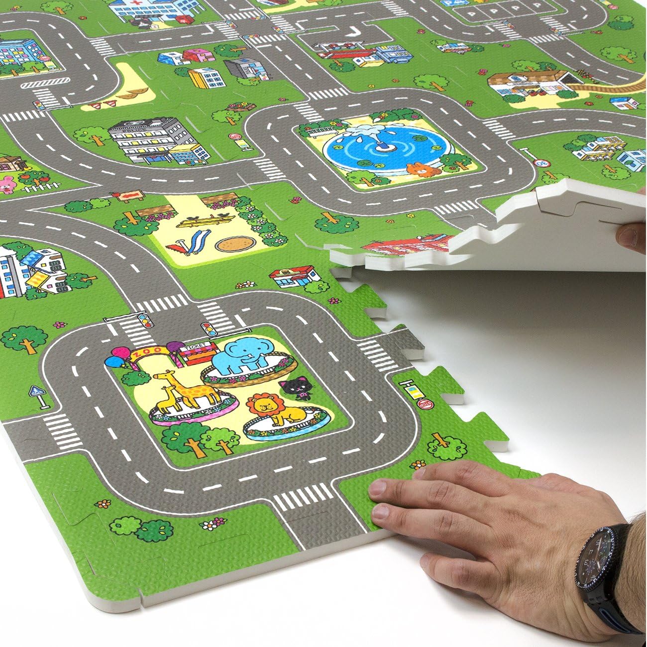 Sorbus Traffic Play mat Puzzle Foam Interlocking Tiles – Kids Road Traffic Play Rug - Children Educational Playmat Rug - Great for Playing with Toy Cars Trucks (9 Tiles with Borders): Toys & Games