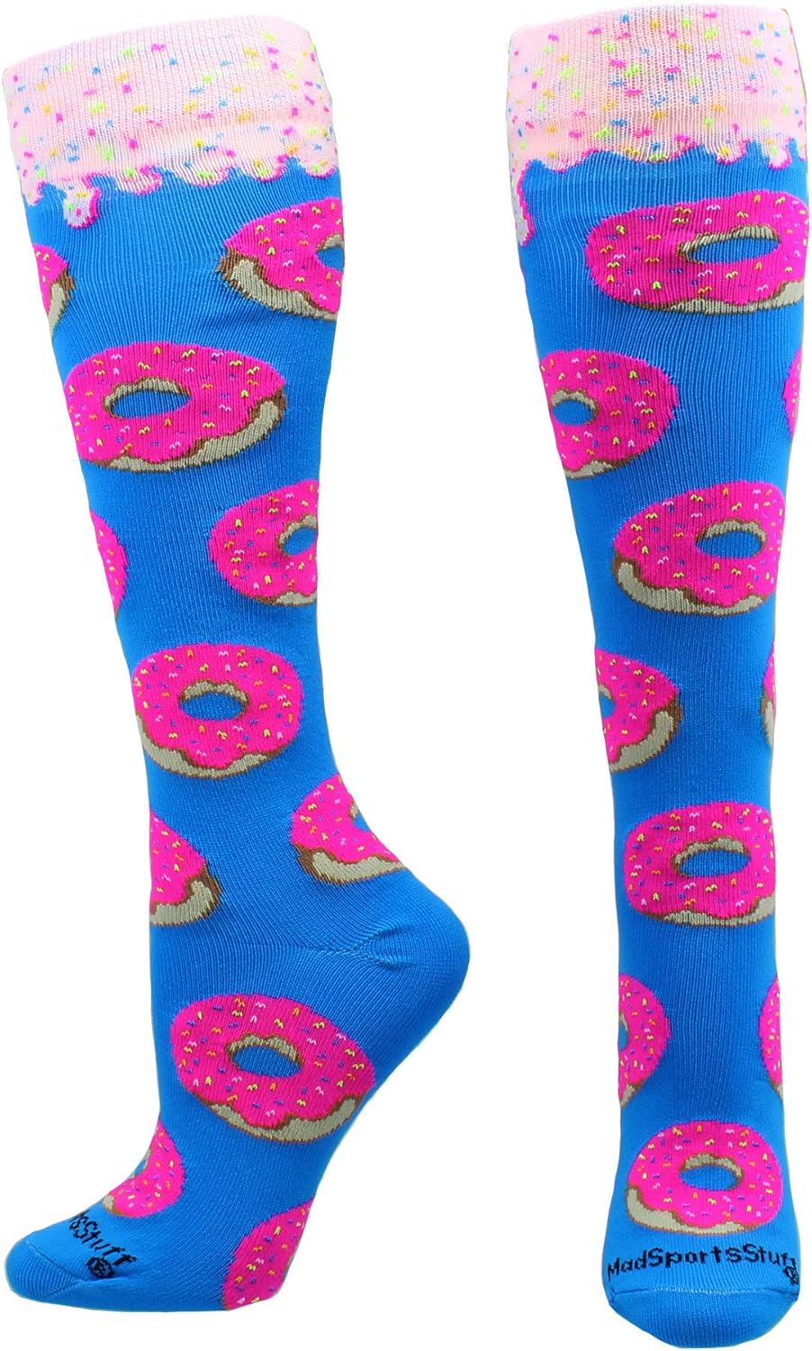 MadSportsStuff Donut Over The Calf Socks (Paradise Blue/Neon Pink, Small) : Clothing