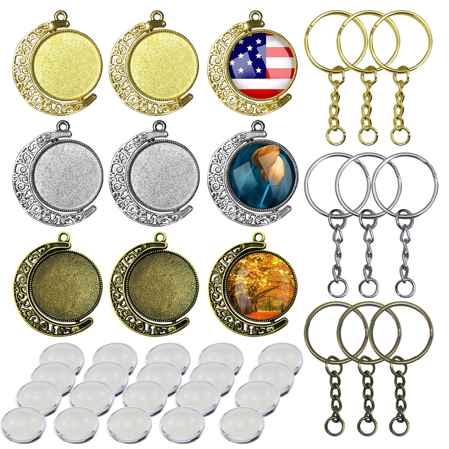 36 PCS Pendant Trays Kit, Allazone 25 MM 9 PCS Moon Rotation Double Side Round Blank Bezel Pendant Trays, 18 PCS Glass Dome Tiles Clear Cameo and Pendant Buckle for Jewelry Making