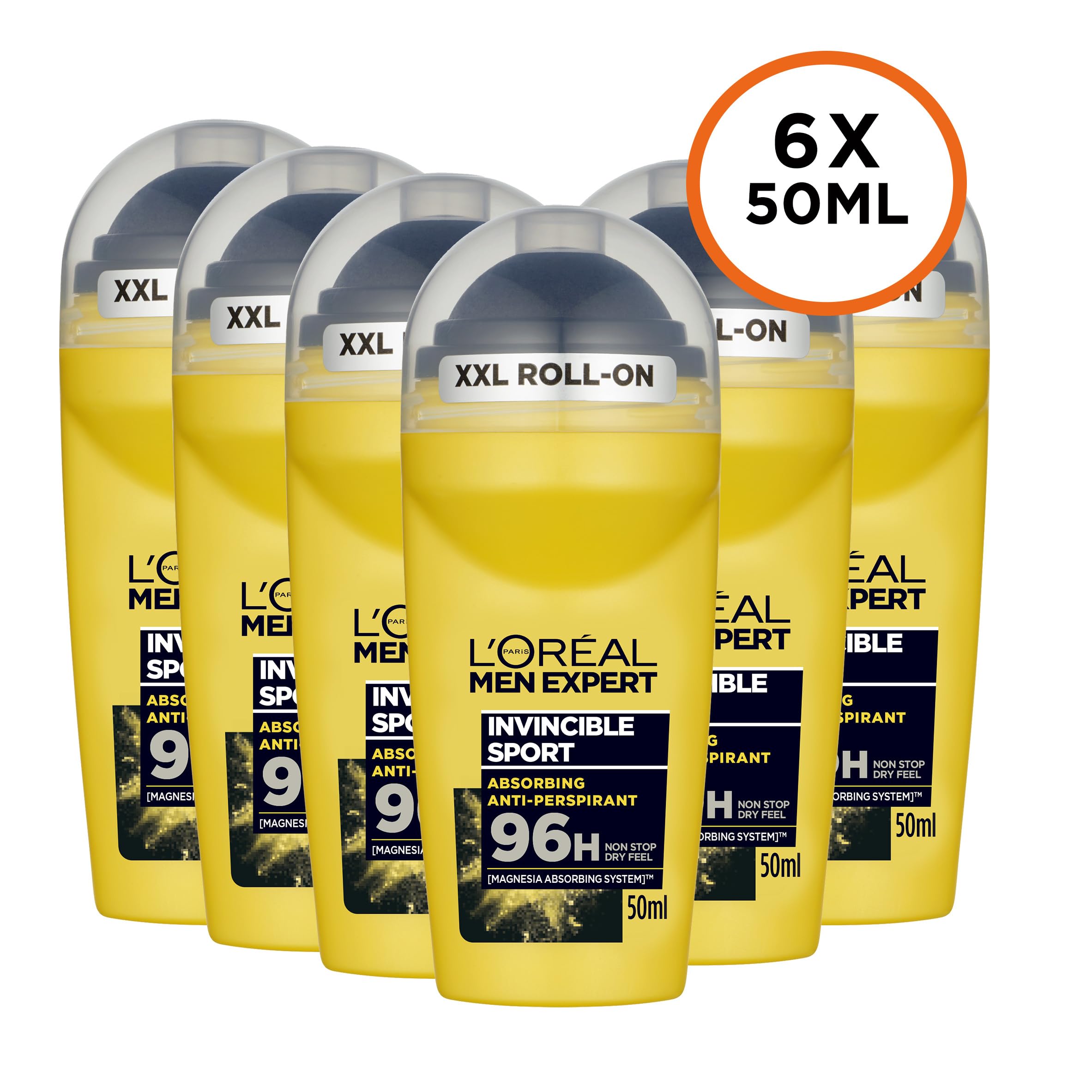 L'Oréal Paris Men Expert 96H Invincible Sport Anti-Perspirant Roll On Deodorant for Men, 50ml Pack of 6, Bulk Buy