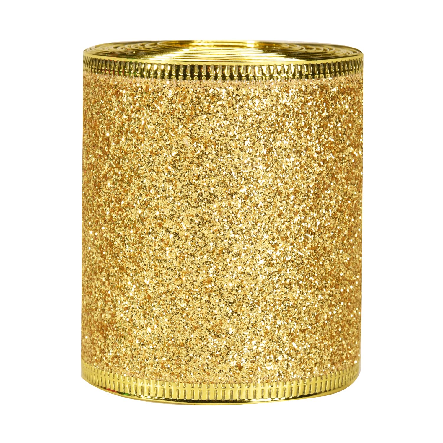 Lezevn 2.5 Inch x 6 Yards Wide Wired Edge Ribbon Christmas Glitter Sparking Shiny Ribbons Roll Christmas Tree Decorations Floral Wreath Bows Ribbon (Gold)