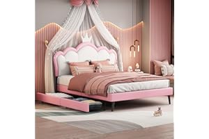 Brisca Full Size PU Upholstered Princess Bed with Crown Headboard and Footboard,Wooden Storage Platform beds Frame,w/Wheel and 2 Drawers,for for Kids Teens Girls Bedroom,White+Pink