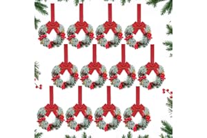 Moucuny 12 Pcs Christmas Small Cabinet Wreaths for Kitchen with Ribbon 8 Inches Mini Christmas Farmhouse Artificial Pine Cone Hanging Wreath for Front Door Window (Red)