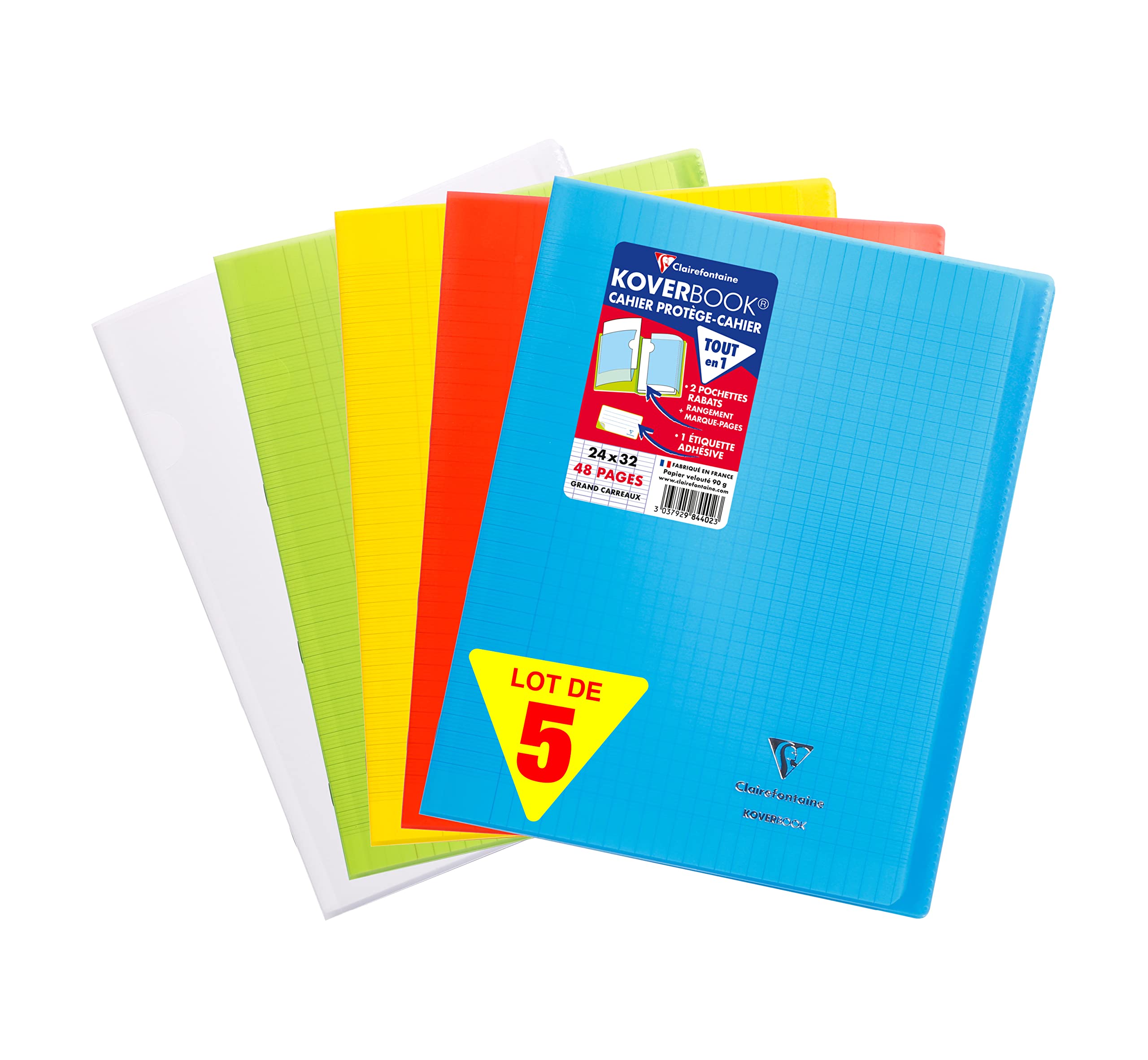 Clairefontaine 984450AMZC Koverbook Polypropylene Cover 48 Pages 24 x 32 cm Large Squares – Pack of 5 (Blue, Green, Red, Yellow and Colourless)