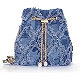 Denim Bucket Bag, Denim Purses for Women, Drawstring Blue Jean Crossbody Shoulder Purse Hobo Bag, for Commuting, Shopping, Dating (Blue)