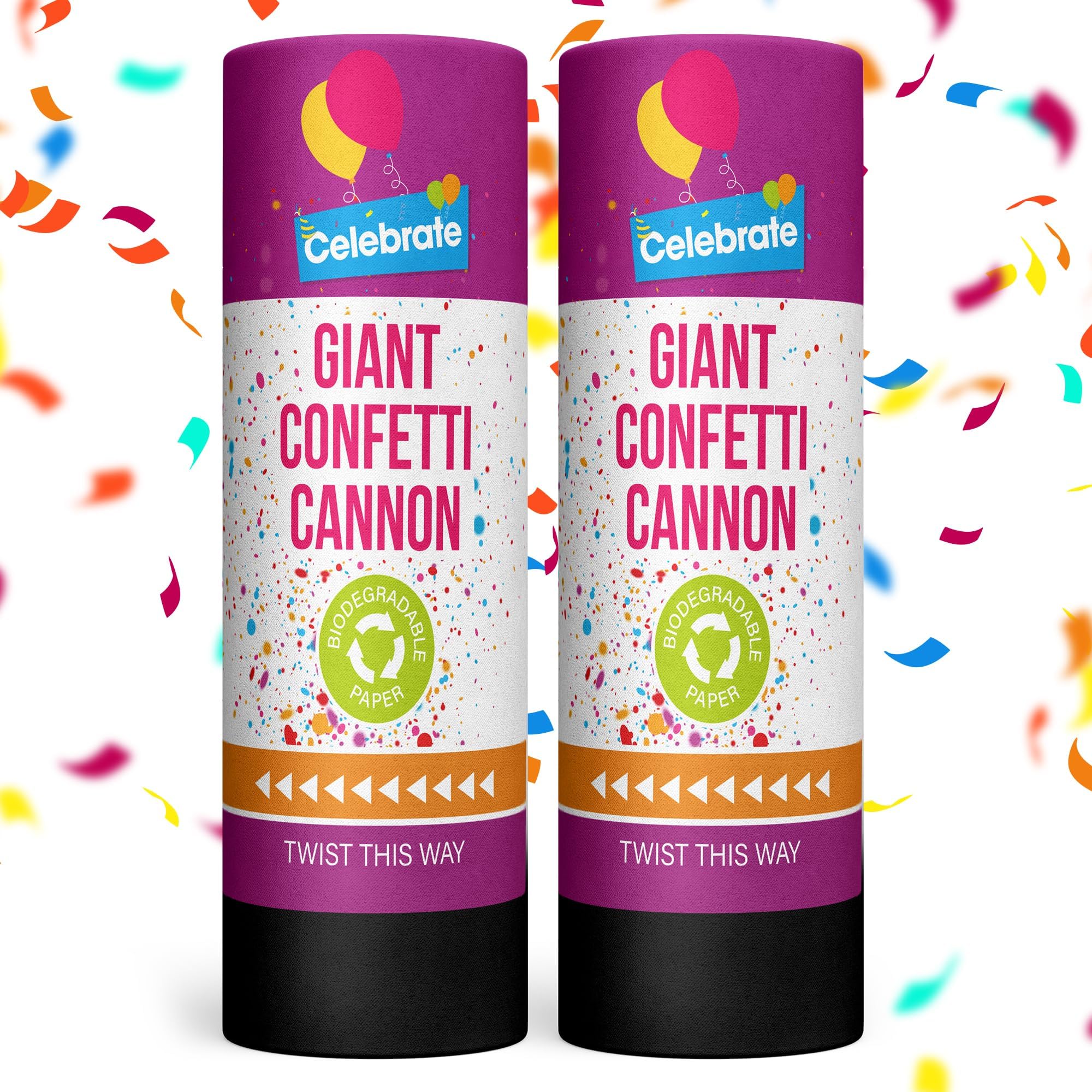 SOL 2pk Confetti Cannons Large - Giant Party Poppers Paper Cannon - Multicolour Papers Mix for Weddings, Birthdays, New Year's Eve, and Celebrations - Safe, Easy to Use, Perfect for Photos and Videos