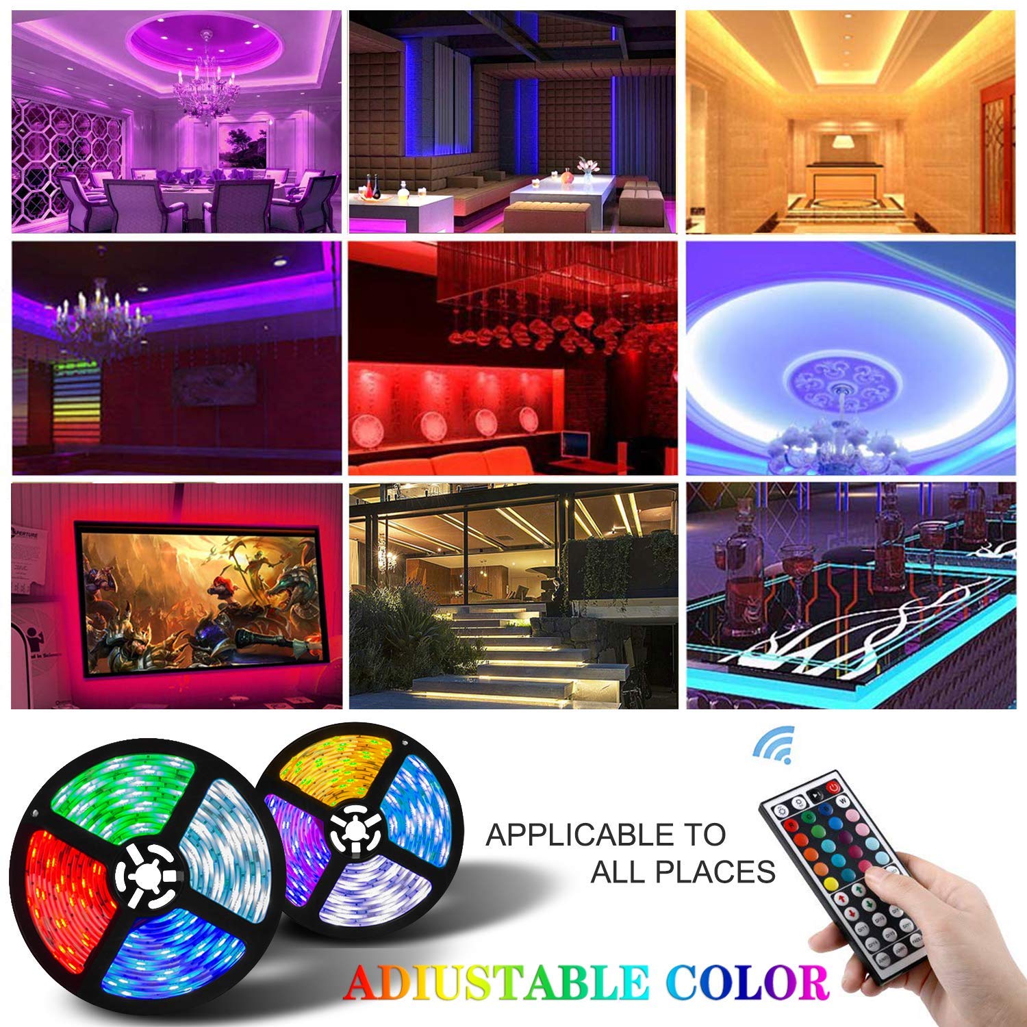 Mowetoo LED Strips Lights, 10M 300LEDs 5050 Color Changing RGB SMD with 44-Keys Remote Control, IP65 Waterproof 12V Power Decoration for Kitchen Wedding Party Garden House