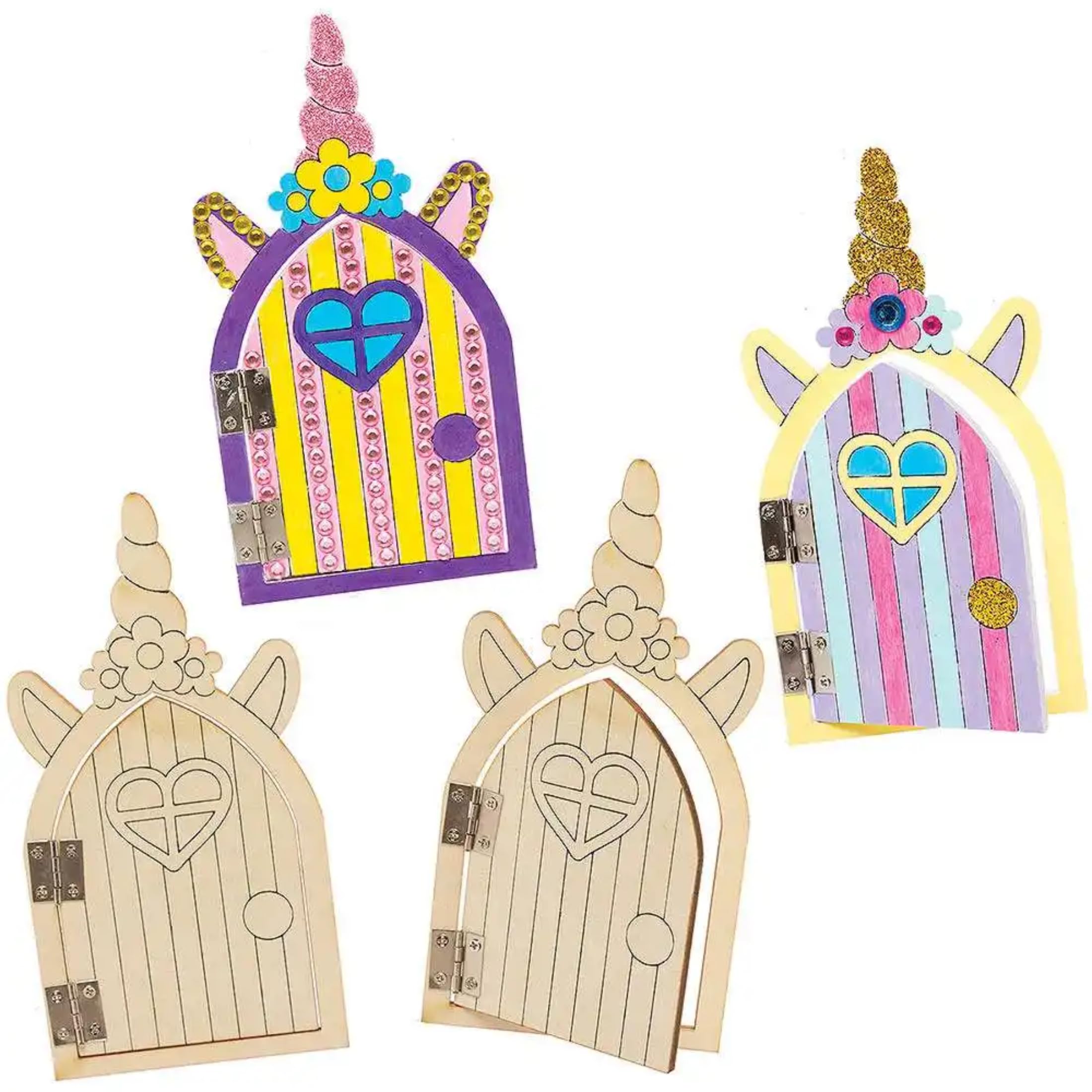 Baker Ross Unicorn Wooden Fairy Doors - Pack of 4, Wood Unicorn Crafts for Children (FC390)