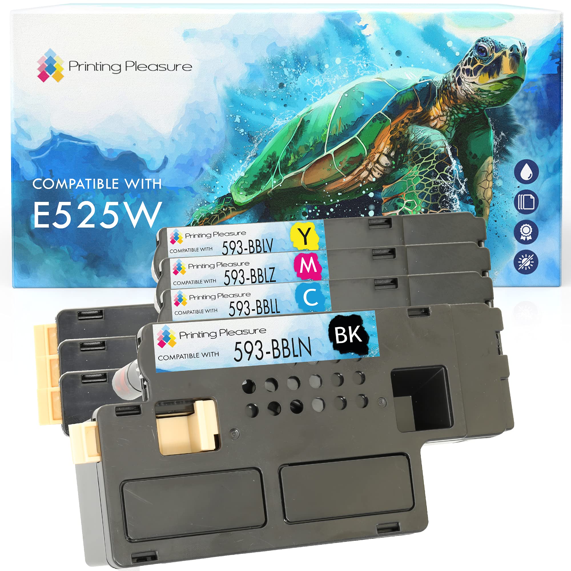 4 (Full Set) Compatible Toner Cartridges for Dell E525w - Black/Cyan/Magenta/Yellow, High Yield