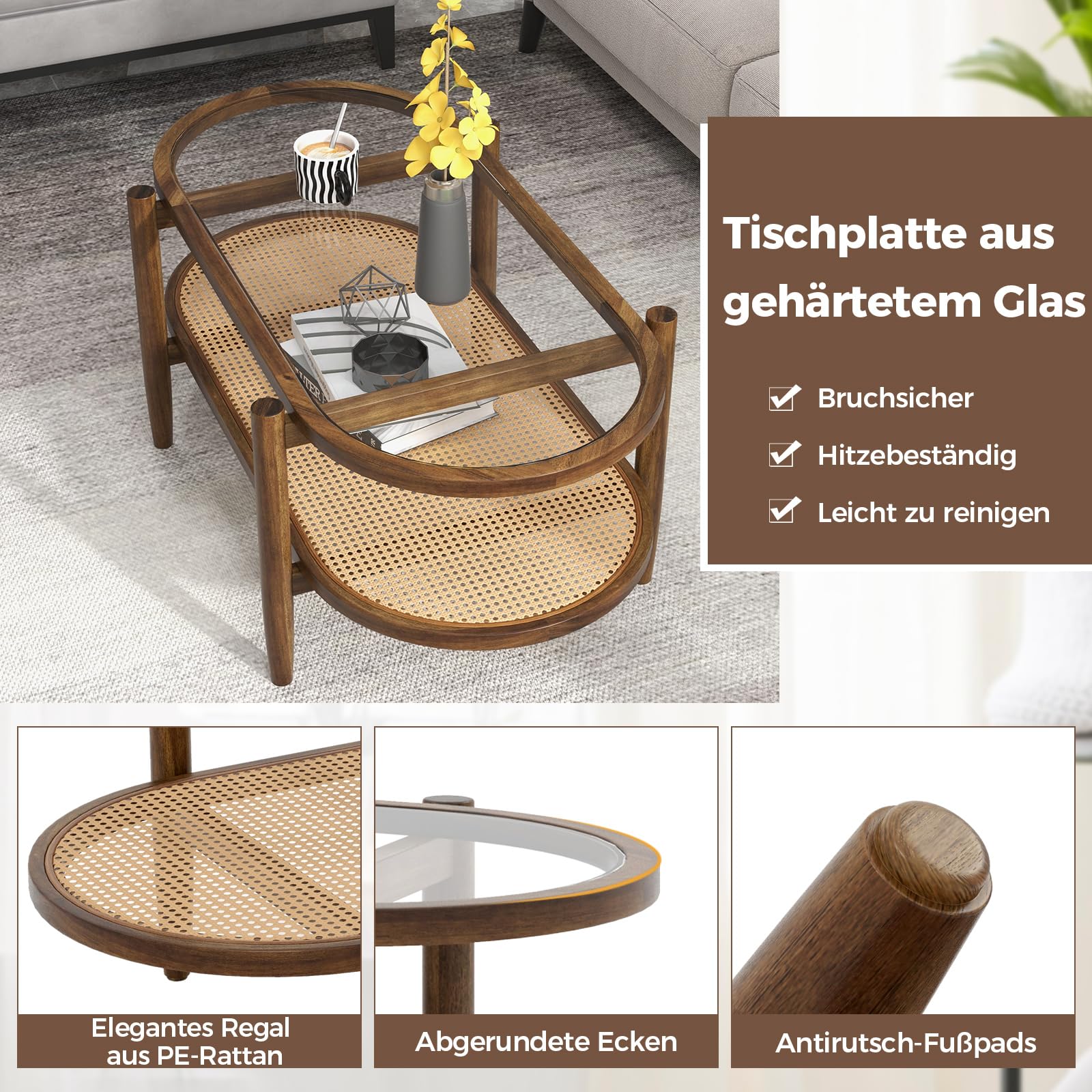 COSTWAY Couchtisch, Beistelltisch mit Glas Tischplatte & Rattan Ablage, Wohnzimmertisch mit Holzbeinen & Holzrahmen, Kaffeetisch für Wohnzimmer, Büro, 102 x 56 x 47 cm (Braun) 2