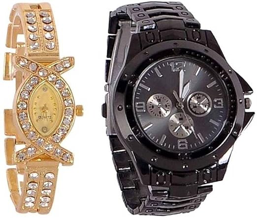 Tutile Analogue Round Black Dial Smart Couple Combo Chain Strap Wrist Watches for Men & Women