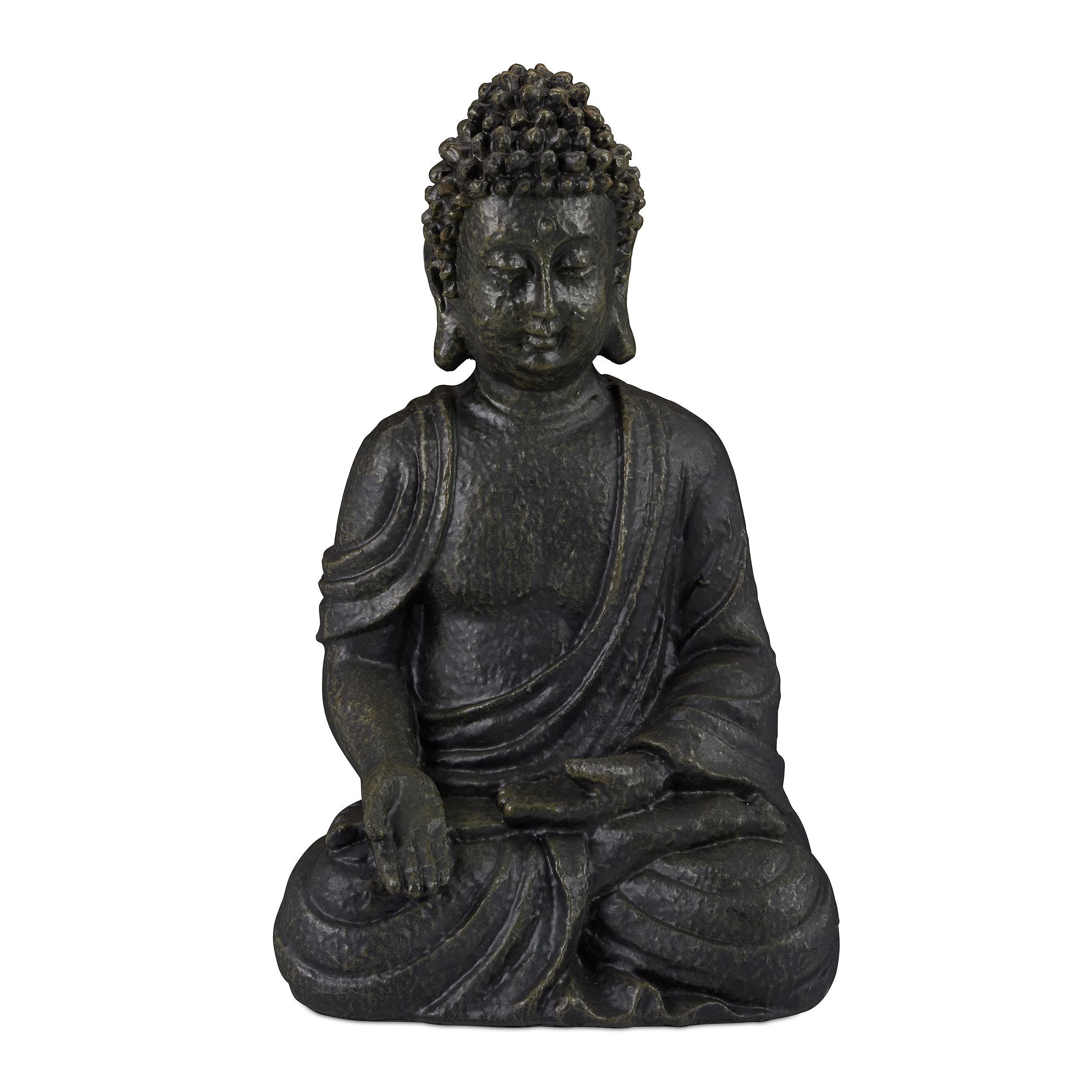 Relaxdays Sitting Buddha Figurine, 18 cm, Decorative Ornament for Living Room & Bathroom, Moisture-Resistant, Dark Grey