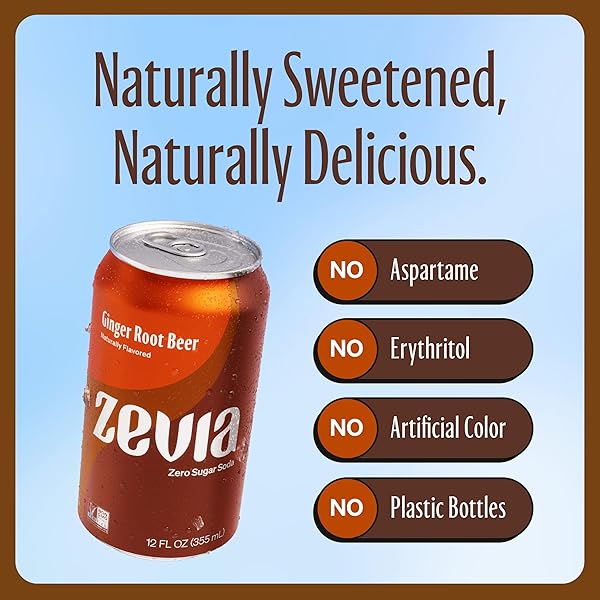 ZEVIA ZERO SUGAR SODA, GINGER ROOT BEER, 12 OZ CANS (8-PACK) – NATURALLY SWEETENED, ZERO CALORIE SUGAR FREE SODA – NON-GMO PROJECT VERIFIED, GLUTEN-FREE, VEGAN