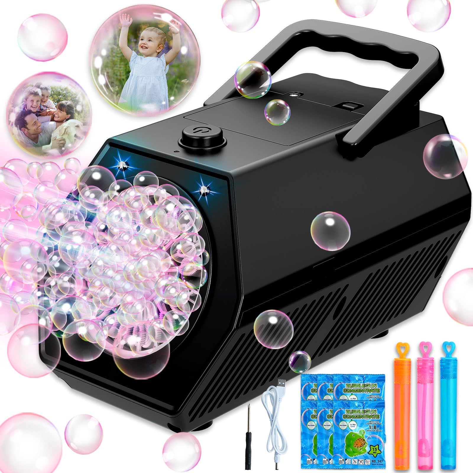 Bubble Machine - 18000+ Bubbles Per Minute, Bubble Machine for Kids, Automatic Bubble Machine, Portable Bubble Makers, Powered by USB or Batteries (Black)