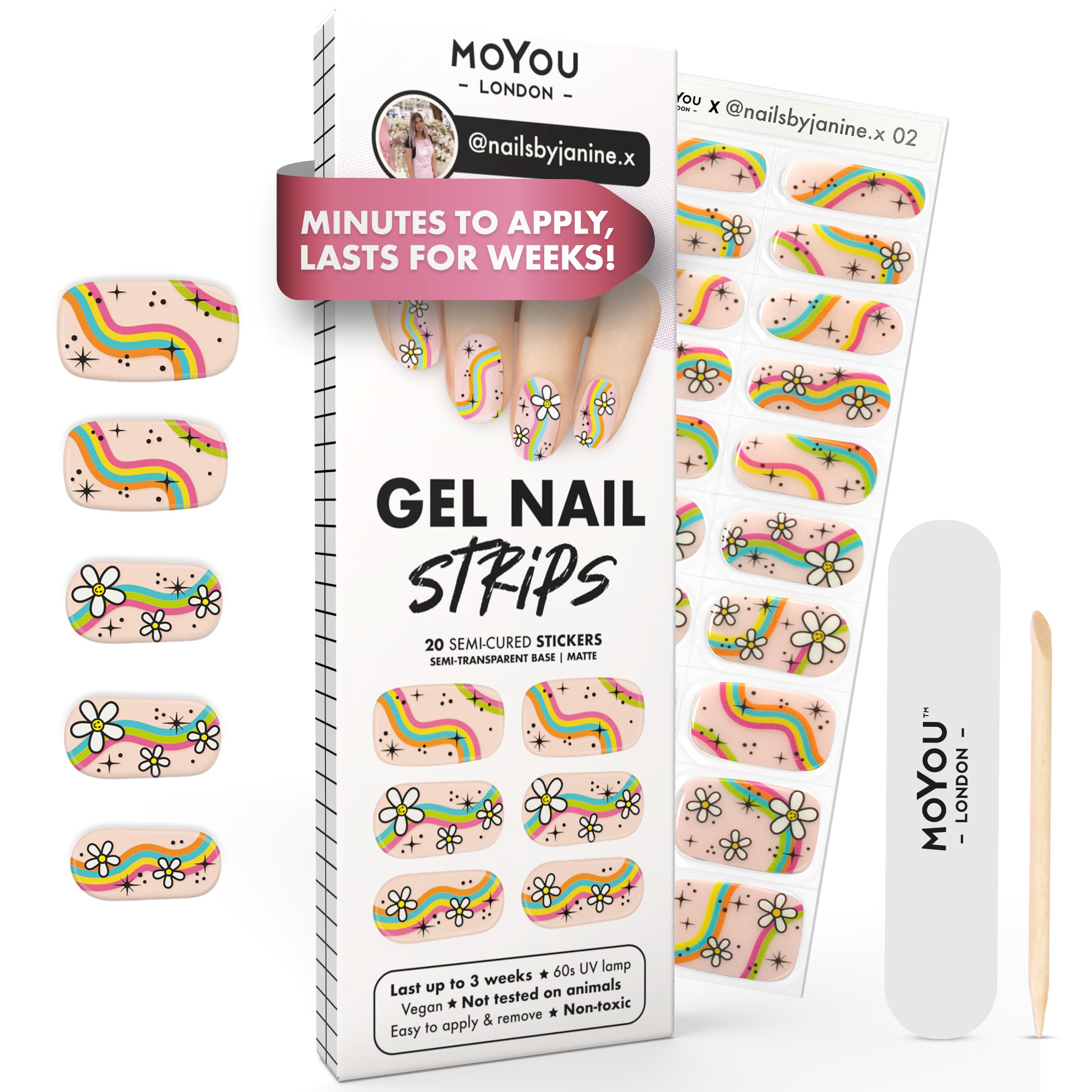 MOYOU LONDON Semi Cured Gel Nail Strips - 20 Pcs. Waterproof Gel Nail Wraps, Cures in Sunlight or UV/LED Lamp, Lasts Up to 2+ Weeks, Stretchable, Easy to Apply & Remove, Vegan & Cruelty-Free