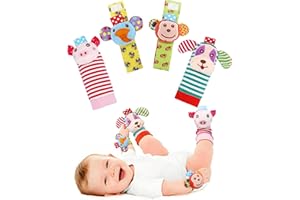 SSK Soft Baby Wrist Rattle Foot Finder Socks Set,Cotton and Plush Stuffed Infant Toys,Birthday Holiday Birth Present for Newborn Boy Girl 0/3/4/6/7/8/9/12/18 Months Kids Toddler,4 Cute Animals