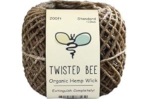 100% Organic Hemp Wick with Natural Beeswax Coating, Twisted Bee (200ft x Standard Size)
