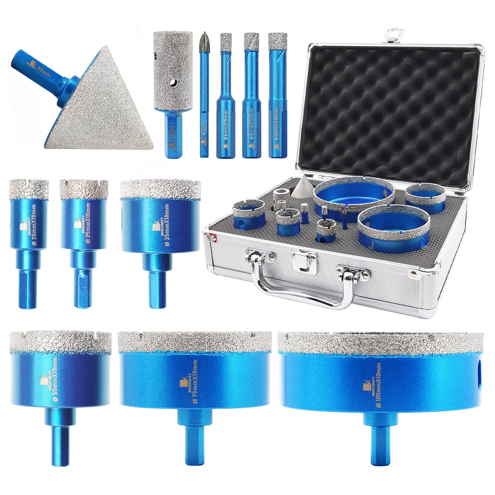 Photo 1 of Diamond Core Drill Bit Set - BRSCHNITT Diamond Hole Saw Kit for Porcelain Tile Ceramic Marble Granite Drilling,Triangle Shank Drill?6+6/8/10/20/25/35/50/75/100mm&20finger bit&50chamfer bit?.