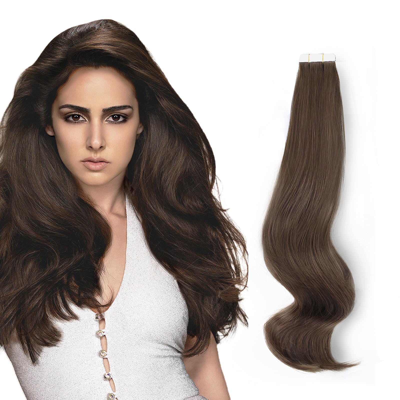 ABH AmazingBeauty Tape in Hair Extensions Human Hair Semi-permanent Tape Attached Real Remy Tape ins 50g 20pcs Invisible Seamless Reusable Skin Weft Dark Brown #2 14 Inch — image 1