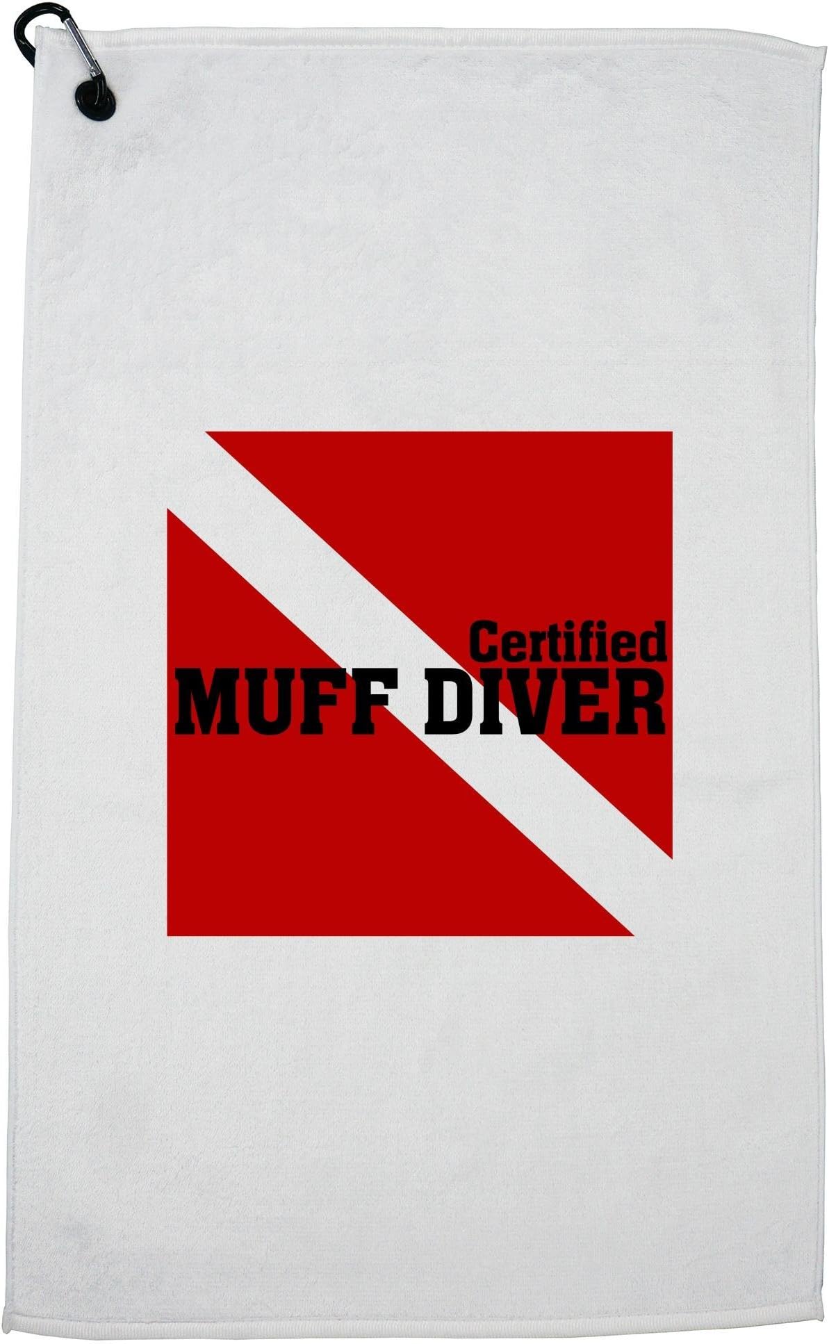 Hollywood Thread Certified Muff Diver - Funny Scuba Diving Sign Golf Towel with Carabiner Clip