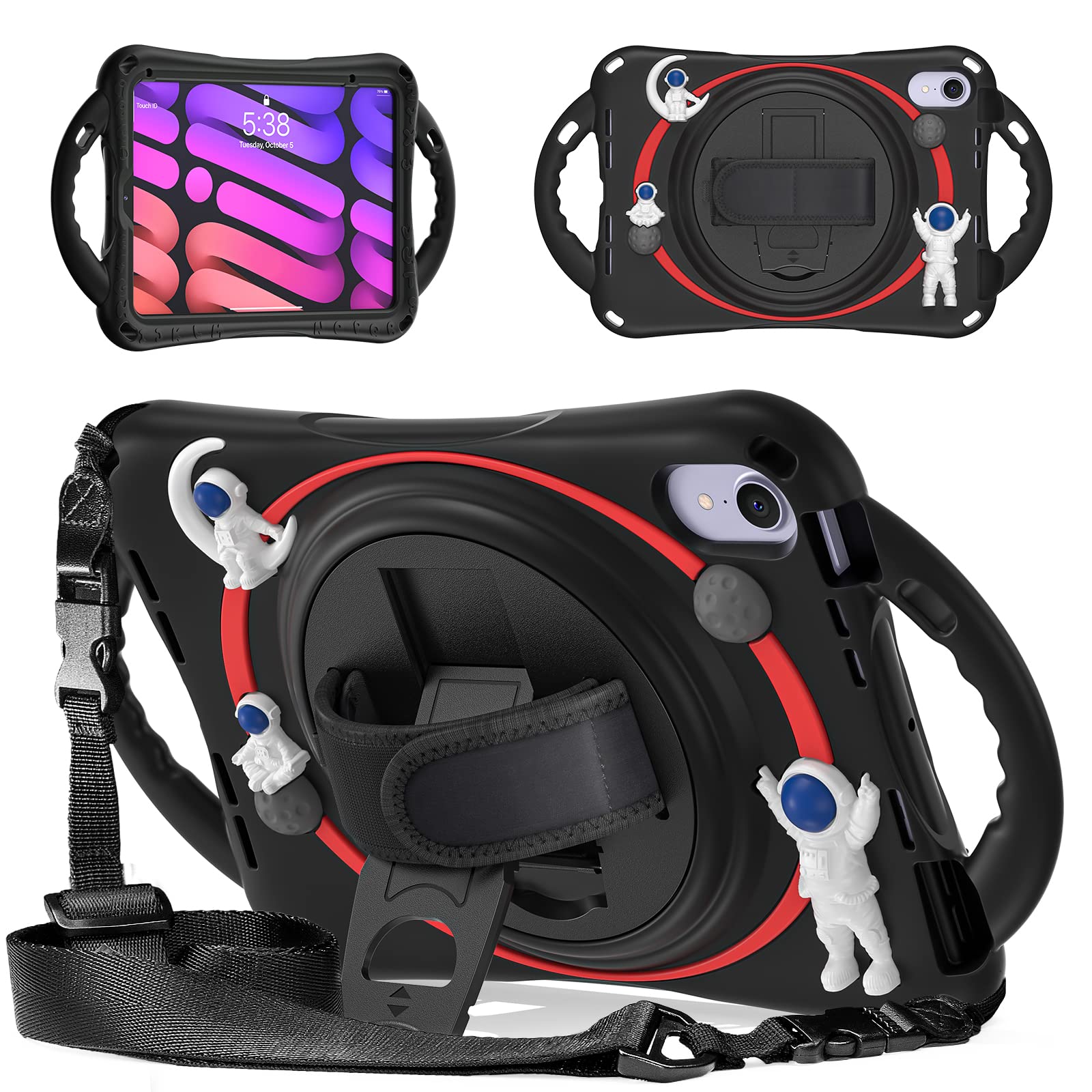 UFinetech Case for iPad Mini 6 - for iPad Mini 6th Generation Case, Rugged Shockproof Protection - 360 Hand Strap, Anti-Slip Handle, Kickstand, Shoulder Strap, Pen Holder - Stylish Black