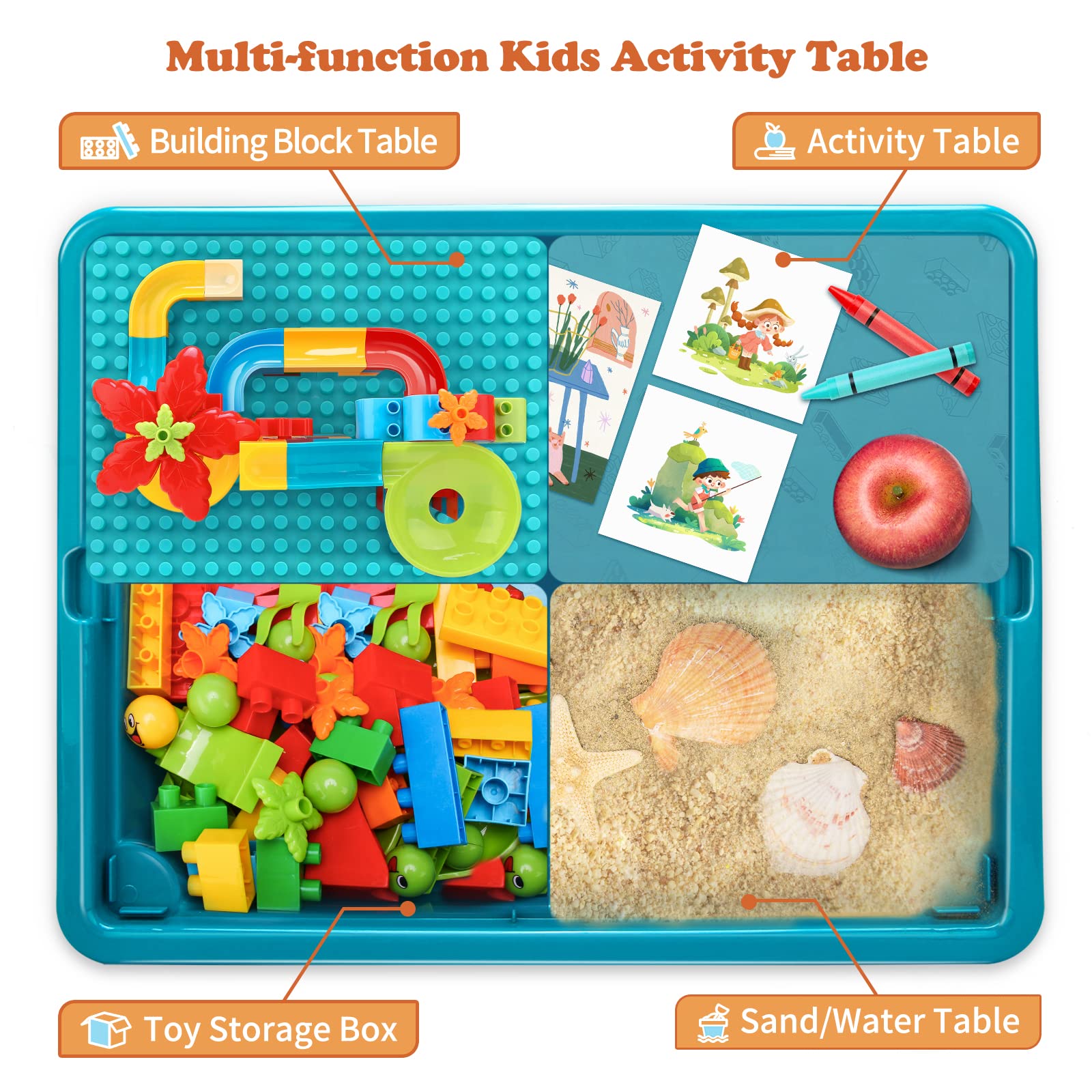 5-in-1 Multi Activity Sand Water Play Table, Double-Sided Kids Activity Table with Storage, 105pcs Marble Run Building Blocks Sensory Table for Kids Toddler Boys Girls Ages 1 2 3 Year Old