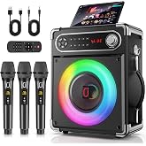 HWWR Karaoke Machine with 3 Wireless 0-Delay Microphones for Adults, Portable Bluetooth Speaker with 5.25" Woofer &amp; 2" Tweeter, PA System Bass/Treble/Echo Control Supports TWS/FM/TV/AUX/USB/TF/REC