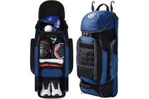 Sturdum Catchers Gear Bag with Wheels, Rolling Baseball & Softball Catchers Bags with 4 Bat Sleeves, Fence-Hooks, Separate Shoe Compartments and Multi-Pockets