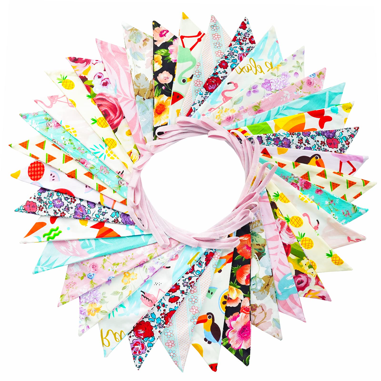 G2PLUS 36PCS Double Sided Fabric Bunting, 10M Blue and Pink Floral Cotton Banner, 17x19CM Large Triangle Garland Reusable for Indoor and Outdoor Party Decoration — image 1