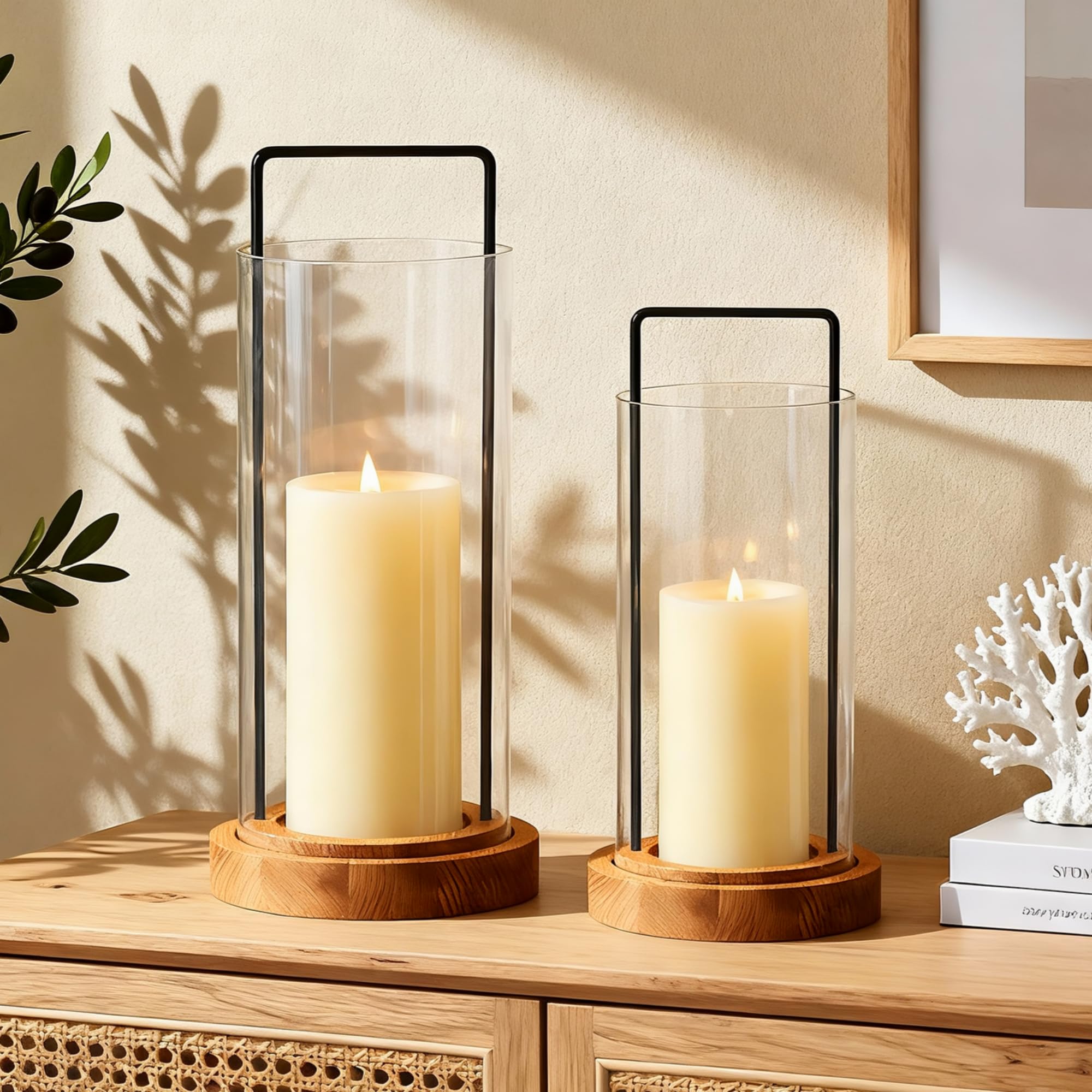 Photo 1 of Houmury Set of 2 Hurricane Candle Holders Lantern 12” & 10”with Wood Base Metal Handle Glass Cylinder Modern Farmhouse Decor for Home Decoration, Table Centerpieces (Warm Amber Brown)