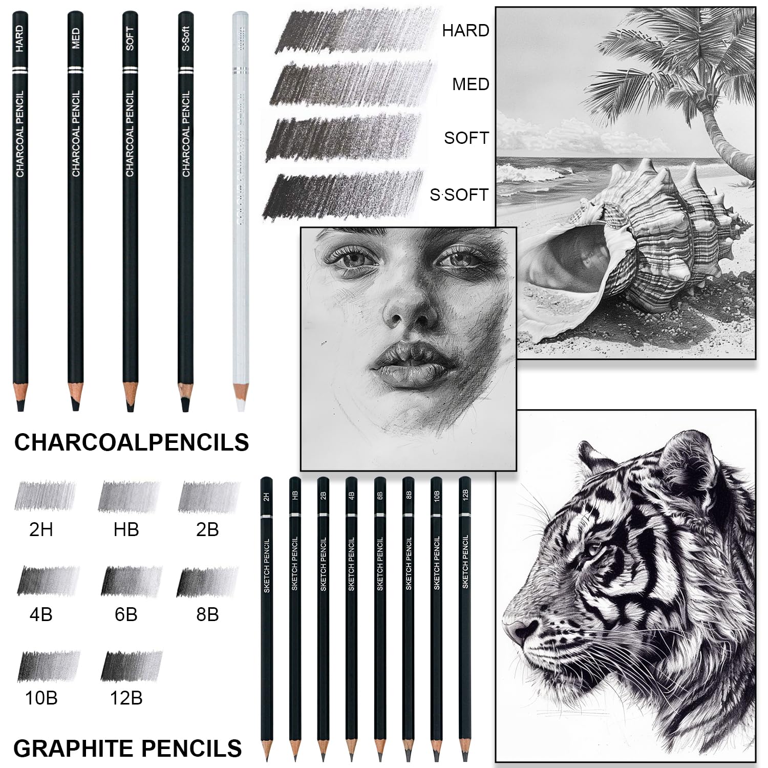 Charcoal Pencils for Drawing, Set of 22, Professional Drawing Sketch Pencils, Charcoal Art Supplies for Sketching, Shading, Artist Charcoal Supplies for Beginners & Pro Artists.