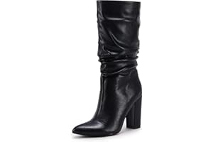 Syktkmx Womens Winter Slouchy High Heel Boots Mid Calf Suede Slip on Chunky Block Pointed Toe Boots