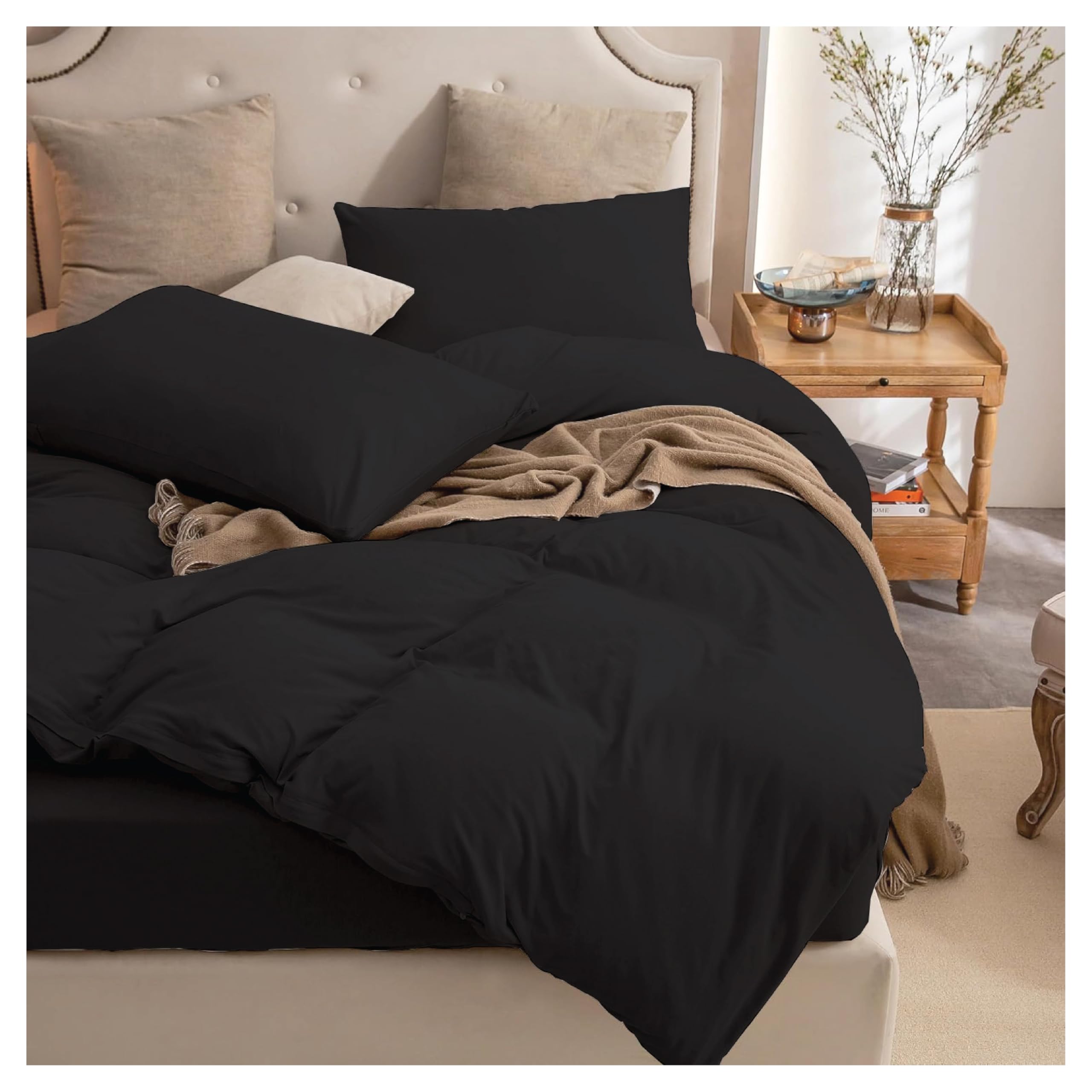 Ev Dekor®Bedding Double Black Plain Duvet Cover Sets - Soft Microfibre Polyester Duvet Cover with Pillowcase - Quilt Cover Set (Black, Double)