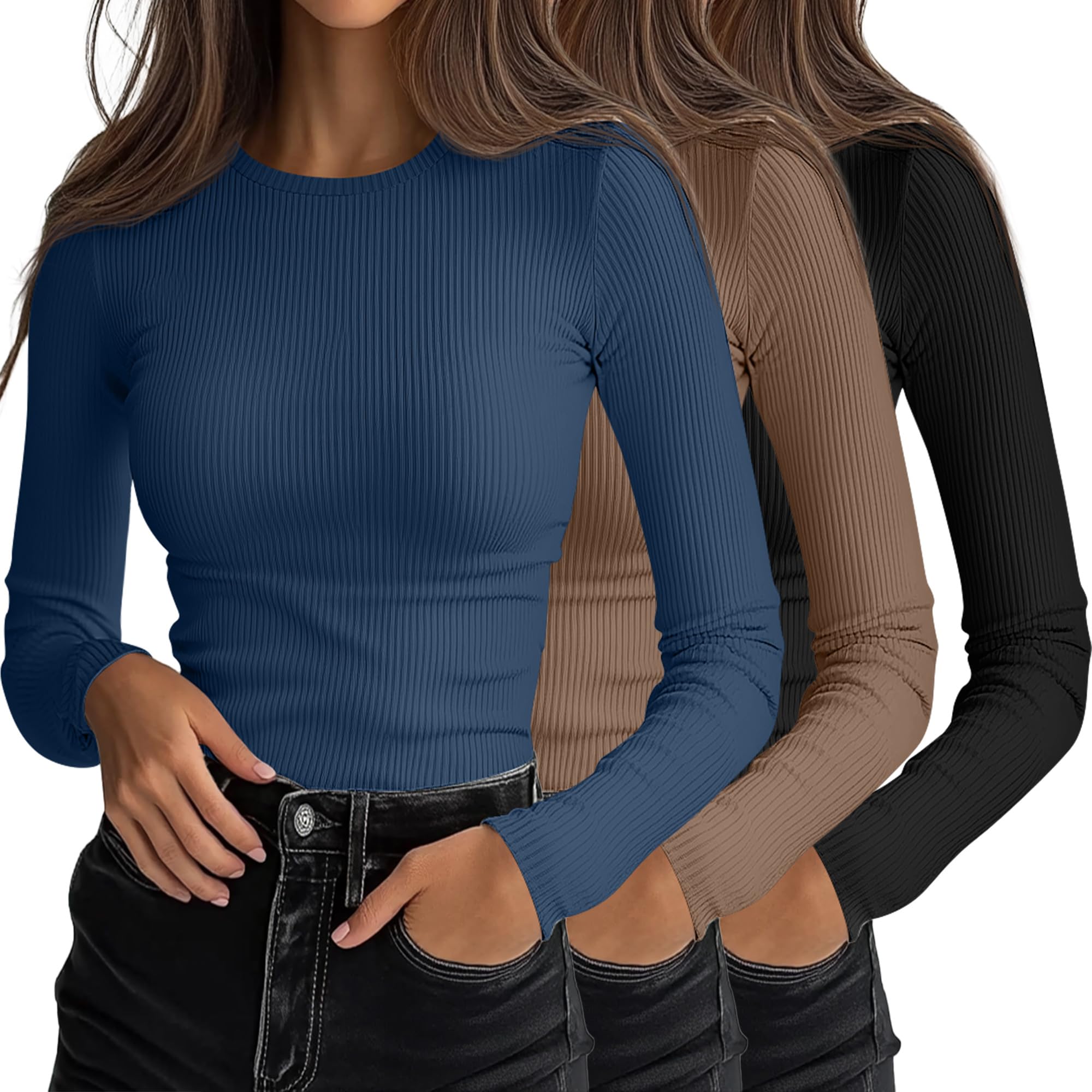 Photo 1 of Ficerd 3 Pack Women's Ribbed Long Sleeve Tops, Crew Neck Slim Fit Knit Undershirts Basic Casual Stretch Layering Tee Shirts(Black, Khaki, Plain Blue,X-Large)
