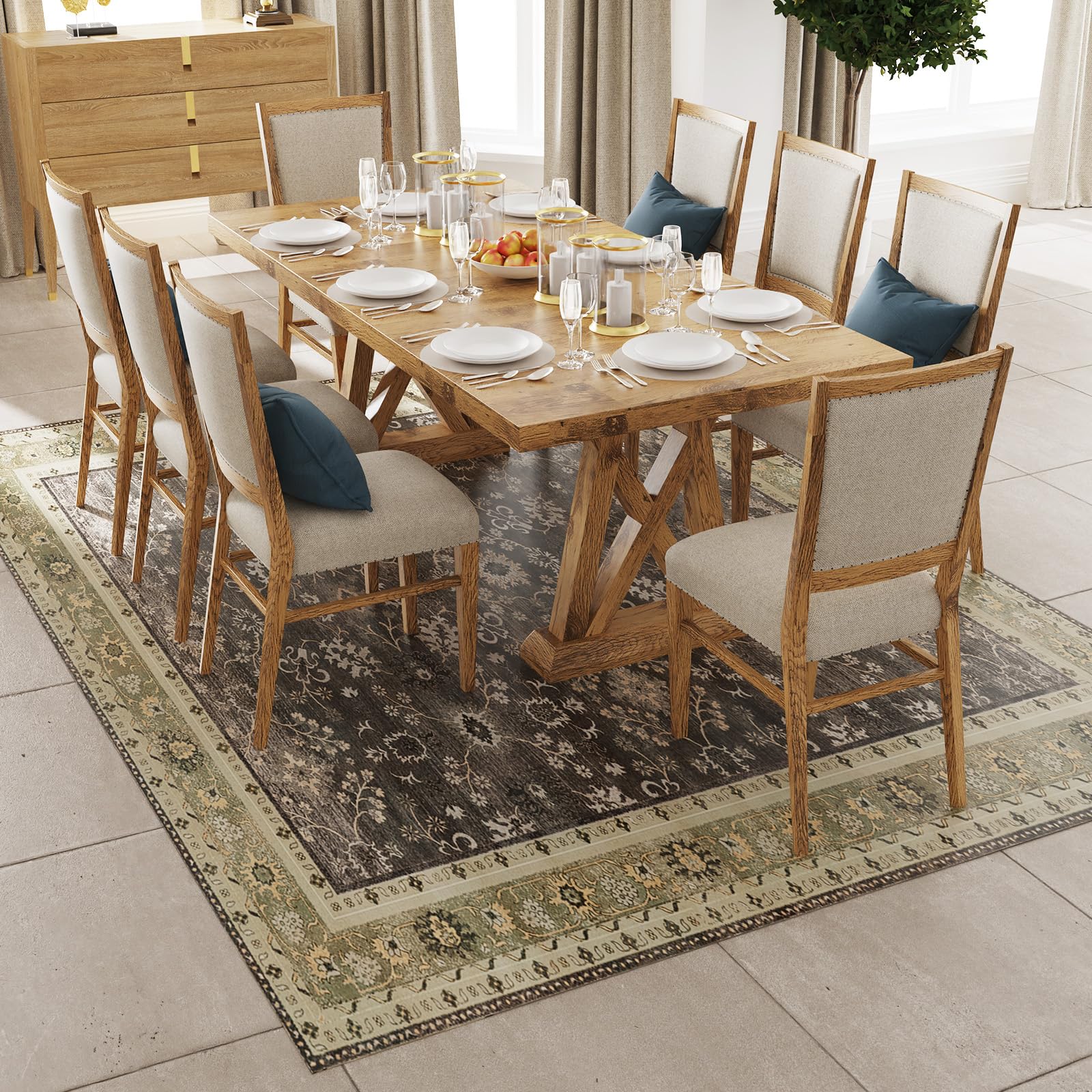 Photo 1 of 6' x 9' Durable Vinyl Rugs for Living Room, Vintage Floral Pattern for Dining Room, Bedroom, Home Office, Bobo Green Non-Slip Large Rugs for Indoor&Outdoor RV, Deck, Backyard, Balcony,Home Decor