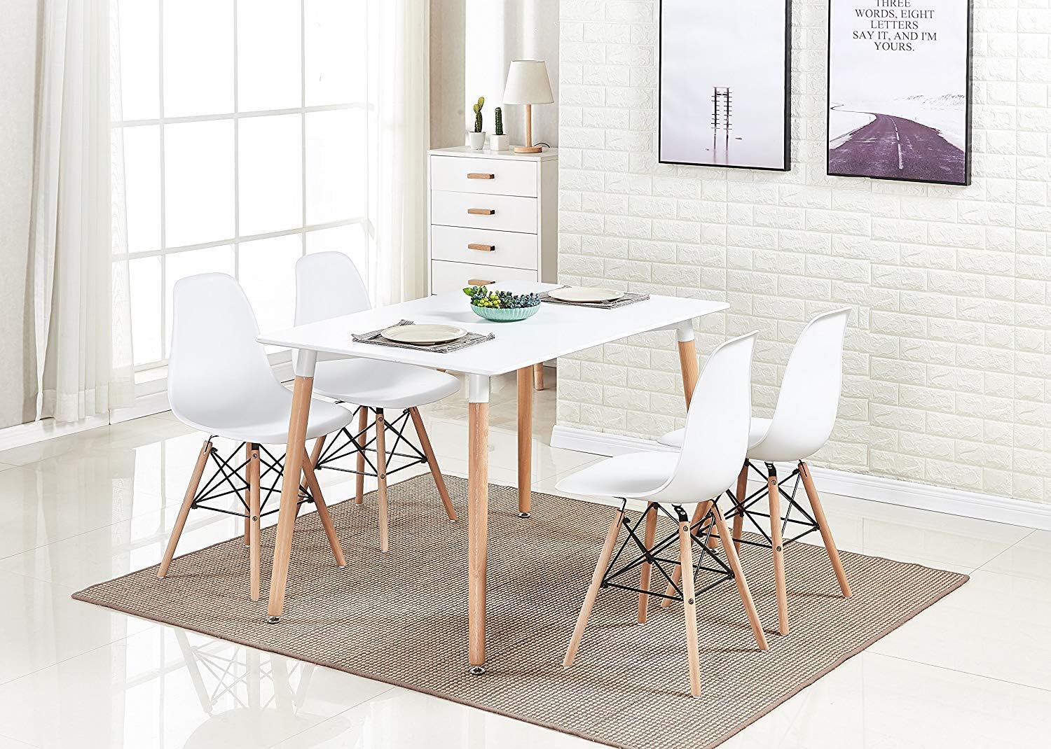 HomeSailing White Wood Dining Table and 4 Chairs Set 5 Pieces Kitchen White Wooden Dining Table and 4 Retro Eiffel Plastic Chairs for Dining Room Restaurant Office Tea Room Home Furniture
