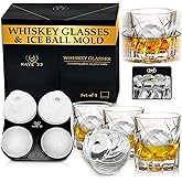 KAVE 22 Whiskey Glasses Set of 4 - Spinning Bourbon Glass with Ice Ball Mold - Elegant Scotch, Old Fashioned Rotating Base - Thick Crystal Drinking Kit Scotch - Elegant Barware Gift for Whisky Lovers