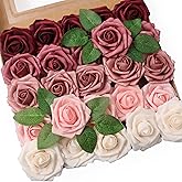 Jdsour 25pcs Artificial Flower,Real Looking Foam Roses w/Stem for DIY Wedding Bouquets Centerpieces Bridal Shower Party Decor-Shades of Burgundy