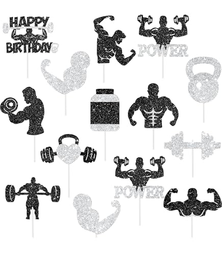 18pcs Black Glitter Silhouette Muscle Men Dessert Cupcake Topper Gym Fitness Weight Lifting Sports Theme Decor Supplies Men Boys Happy Birthday Anniversary Party Decorations