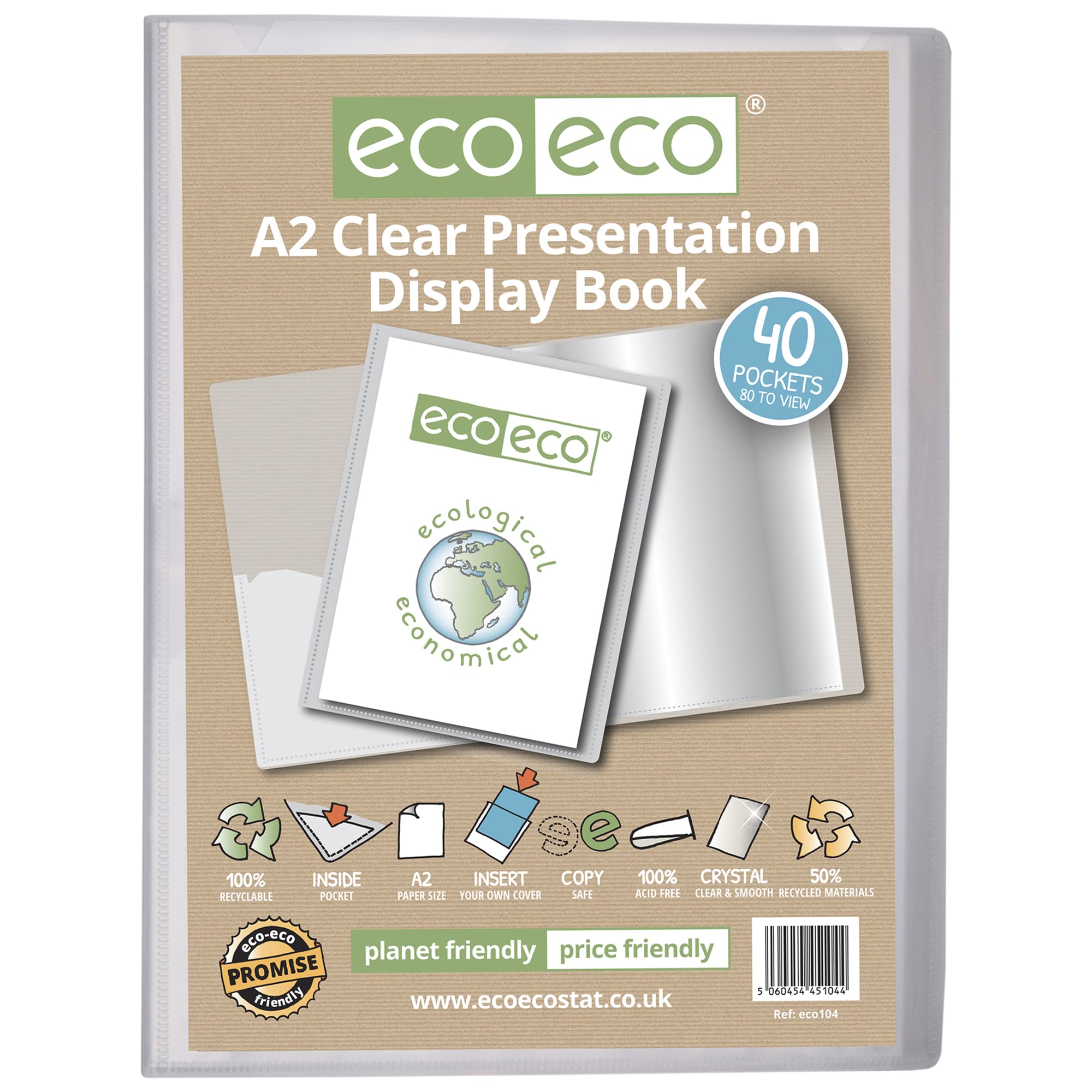 eco-eco A2 Size 50% Recycled 40 Pocket Clear Presentation Display Book, Storage Case Portfolio Art Folder with Plastic Sleeves, eco104