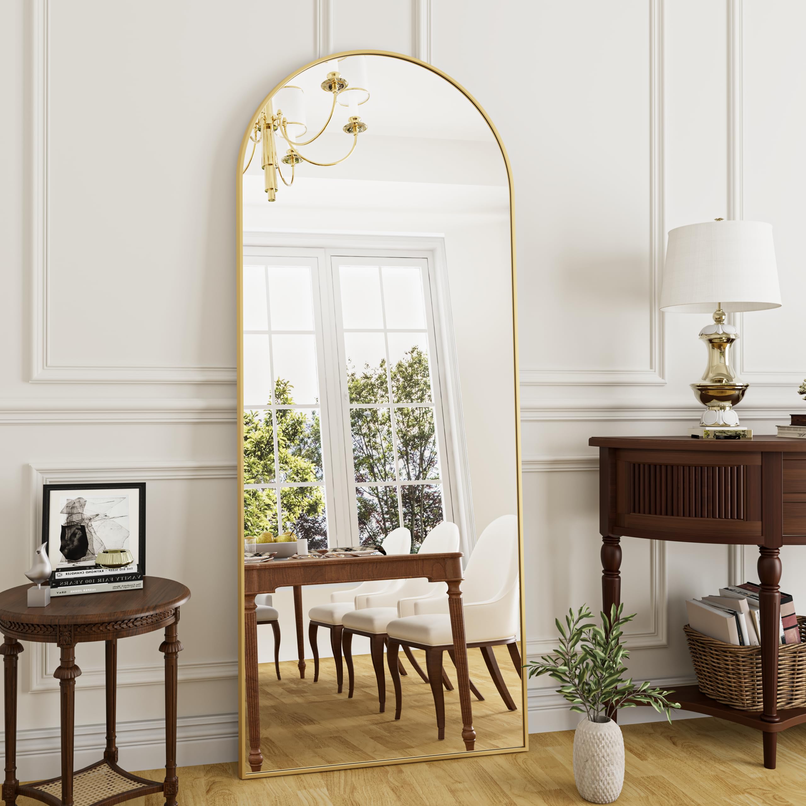 Photo 1 of **DENT ON TOP OF MIRROR AS SHOWN IN PHOTOS **Rowjut Full Length Mirror Arched Floor Length Mirrors, 71"x26" Large Full Body & with Stand&Arch Wall Mounted &Standing Mirror for Bedroom Living Room, Aluminum Frame, Gold