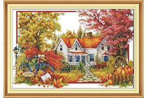 Maydear Cross Stitch Kits Stamped Full Range of Embroidery Starter Kits for Beginners DIY 11CT 3 Strands - Autumn House 34×24(inch)
