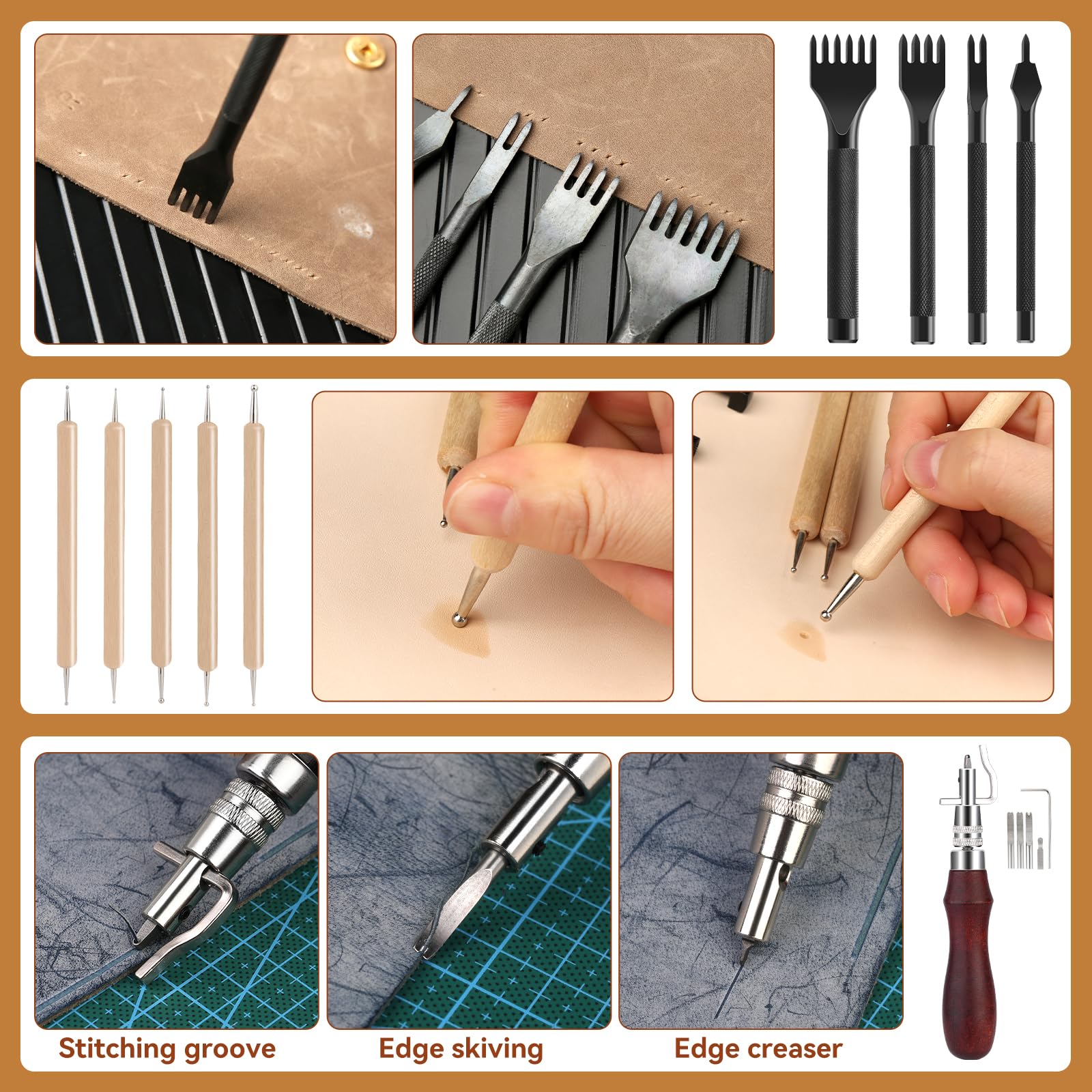 Jupean 458 Pieces Leather Kits, Leather Working Tools, Leathercraft Tools and Supplies with Instruction, Tool Holder, Stamps Set, Prong Punch, Hole Hollow Punch for DIY Craft