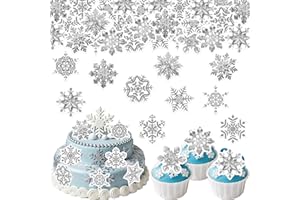 Fyeoxle 48PCS Edible Snowflake Cupcake Toppers Wafer Paper Snowflake Cupcake Toppers Edible Winter Snows Picks for Frozen Theme Party Decoration Supplies (Crystal Silver)