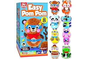 KRAFUN Easy Pom Pom Craft Kit for Kids, 8 Animal Crafts (Bear, Bunny, Panda), Felt Stickers, Instructions, Creative DIY Set for Girls and Boys, Educational Toy