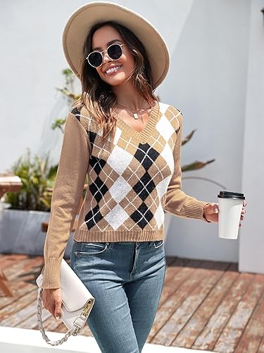 ZAFUL Women's Argyle Sweater V-Neck Cropped Sweater Long-Sleeve