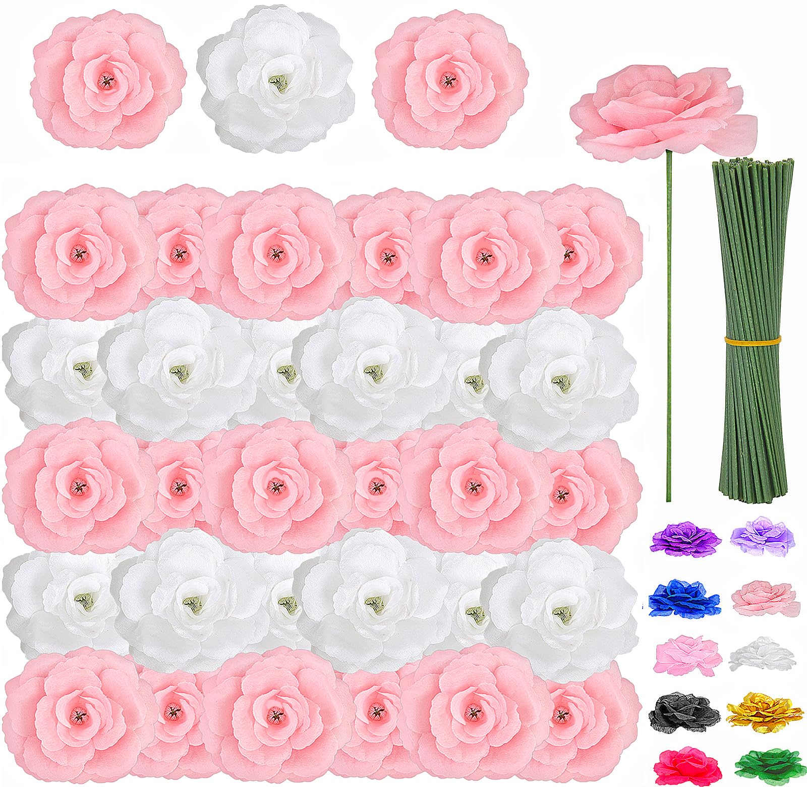 Photo 1 of 108pcs Roses Head Flowers with Stem - Pink White Artificial Flowers Rose Bulk - Silk Pink Graduation Rose Fake Flower for Teen Girls Birthday Bouquets Centerpieces Party Floral Arrangement Decor