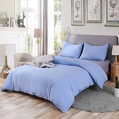 SORMAG 100% Washed Cotton 3-Piece Duvet Cover Set, Blue