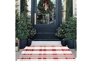 CAINANEL Christmas Door Mat Outdoor 27.5” x 43” Red and White Plaid Rug Christmas Decor Rug Cotton Hand-Woven Layered Door Mats Washable Carpet for Front Porch, Kitchen, Farmhouse, Entryway (27.5” x 43”)